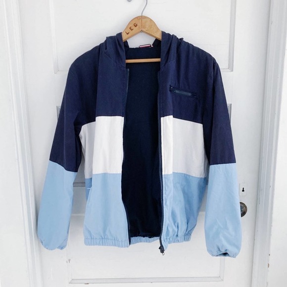 Vintage Navy Blue and Light Blue Color Block Cotton Zip Up Jacket with Hood - Picture 4 of 11
